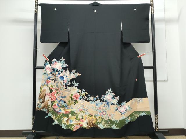 長閑やかさ屋御召しもの●晴れ晴れしい黒留袖 絵書き物 花鳥文 金彩 正絹 珠玉 CABG8511th
