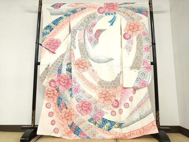 平和屋着物●名門 藤娘きぬたや・総絞り(杢目絞り) 振袖 熨斗吉祥草花文 正絹 逸品 DABC2926ud|平和屋