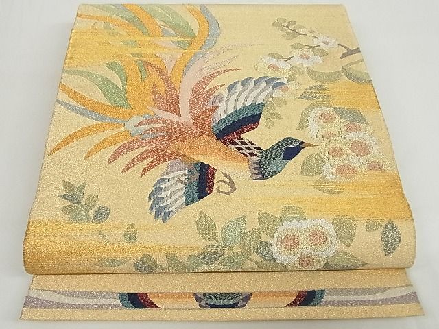 平和屋本店□極上 山鹿清華 手織り綴れ 太鼓柄袋帯 競演之図 花鳥文 金  