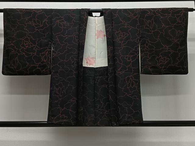 長閑やかさ屋御召しもの＃羽織 花尽くし 黒地 正絹 珠玉 CABG3846ua