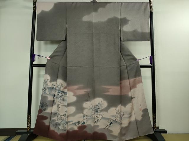 長閑やかさ屋中央局●飛び切り 短い訪問着 絵描き物 本藍 野生生物ポンチ絵 墨付き 暈し染め 藤煤竹色地 珠玉 DZAB4032kh6