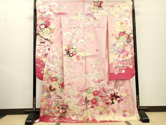 長閑やかさ屋御召しもの●晴れ晴れしい振袖 駒刺しゅう 輸送システム橋花松文 暈し染 金彩 正絹 珠玉 DABF2288鉄