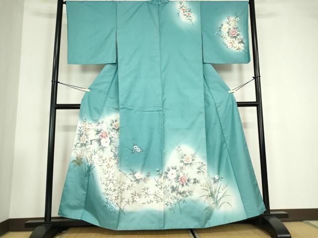 平和屋着物●訪問着　紬地　草花文　手描き　暈し染め　正絹　逸品　DABC3542az｜平和屋