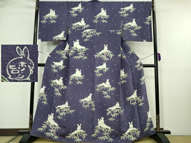 長閑やかさ屋中央局●御前上等 あやつり人形絵書き・ホリヒロシ 付下げ 雪兎 南天 紺藍色地 鬼しぼクレープ 珠玉 DZAB2447kh6