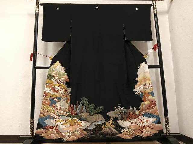 長閑やかさ屋御召しもの●晴れ晴れしい黒留袖 交通システム橋見晴らし顕花植物文 金彩 正絹 珠玉 AABI8483ph