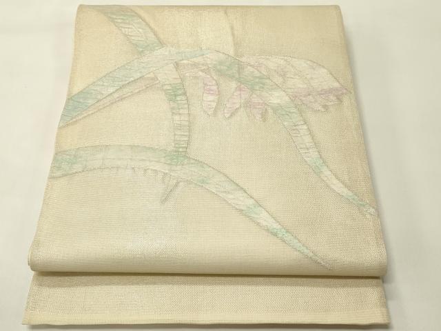 長閑やかさ屋御召しもの＊夏物 膜鳴楽器柄袋帯 顕花植物文 銀糸 正絹 珠玉 CABH5864rv