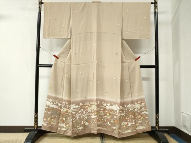 長閑やかさ屋御召しもの●短い訪問着 雲取り松竹梅花鳥文 暈し染め 金彩 正絹 珠玉 CABB4311yc