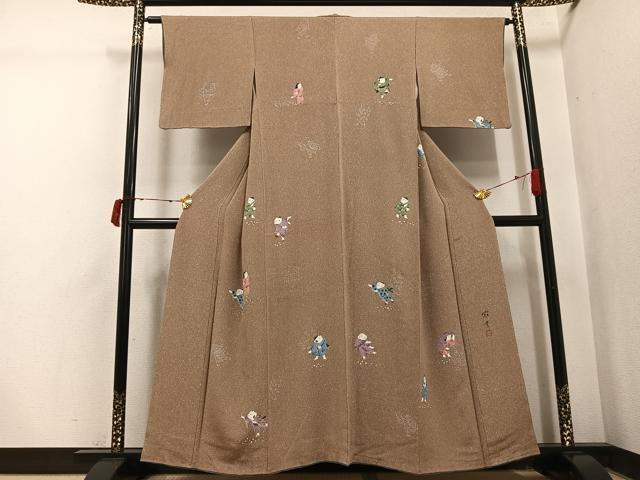 長閑やかさ屋御召しもの●短い訪問着 絵書き物 墨付き 御坊さん 鬼しぼクレープ 正絹 珠玉 AABI8487ph
