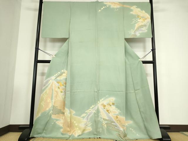 長閑やかさ屋御召しもの●打ち立てる460年・千總 短い訪問着 駒刺しゅう 霞花文 暈し染め 金彩 小田急バス発着場取りまわし 正絹 珠玉 DABC3537az