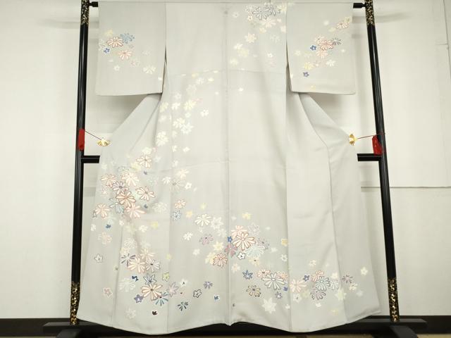 長閑やかさ屋お召しもの●短い訪問着 友禅 駒刺しゅう 舞花文 金彩 正絹 珠玉 AABG2742cs