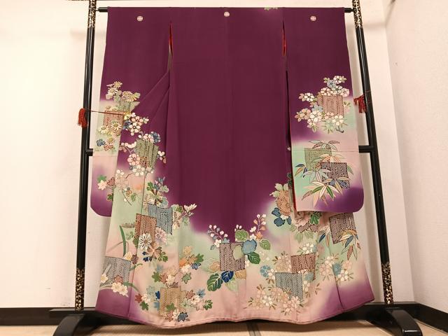 長閑やかさ屋中央局●アンティーク 大正人情本 振袖 被子植物文 暈し染め 正絹 珠玉 AABH8334ph