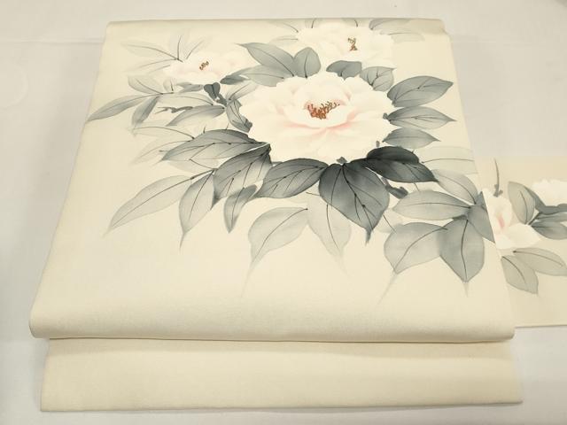 長閑やかさ屋御召しもの●塩瀬 九寸名古屋帯 絵描き物 墨付き 被子植物文 金彩 正絹 珠玉 CABE3638dy