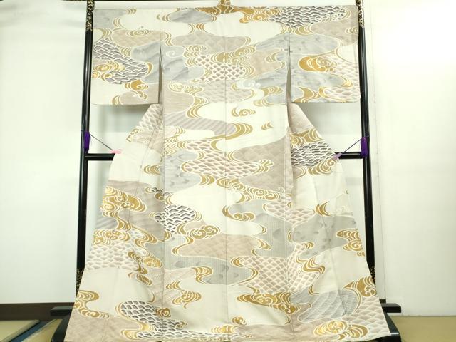 長閑やかさ屋中央局●御前上等 中国三大刺しゅう スワトウ刺しゅう 汕頭刺繍 総刺しゅう 立波青海波 灰梅色地 金彩 ロング丈 珠玉 DZAB3298kh6