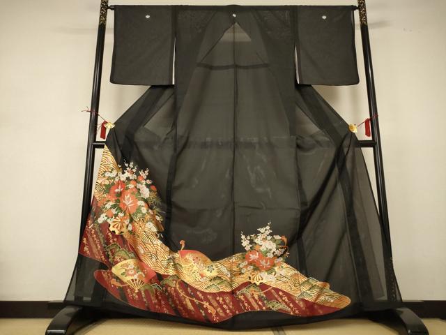 長閑やかさ屋御召しもの＊夏物 黒留袖 絽 扇子割れ易い文 金彩 洗える御召しもの AABI4708jd