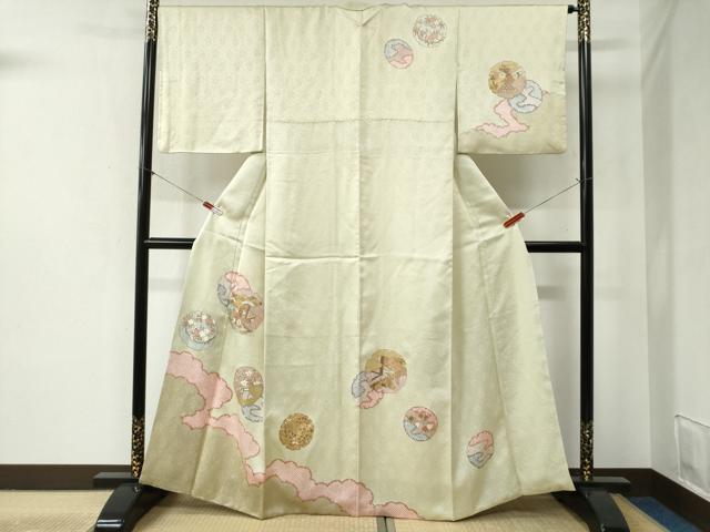 長閑やかさ屋御召しもの●短い訪問着 駒刺しゅう 雪輪花松文 金彩 正絹 珠玉 CABB4345yc