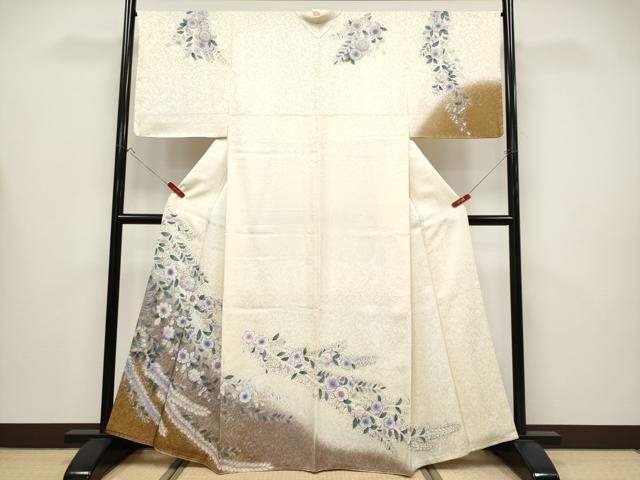 長閑やかさ屋御召しもの●飛び切り 短い訪問着 辻が花 暈し染め 銀通し地 ひな鳥色地 珠玉 未当て嵌める CYAA4445s6