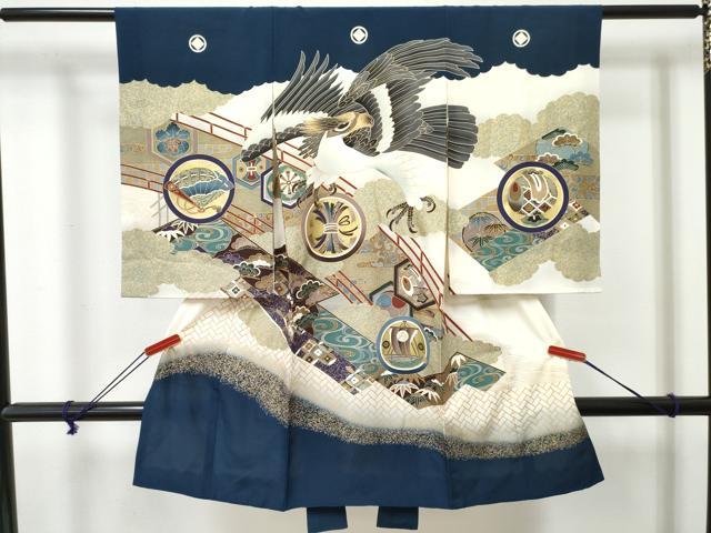 平和屋着物[]お宮参り　男の子　祝着　産着　初着　のしめ　鷹　鷲　舟　吉祥文　暈し染め　金彩　逸品　DABE7286ma｜平和屋