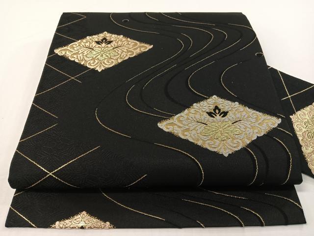 平和屋着物●九寸名古屋帯 唐織 流水花唐草菱文 黒地 金糸 正絹 逸品 CABF0785vp|平和屋