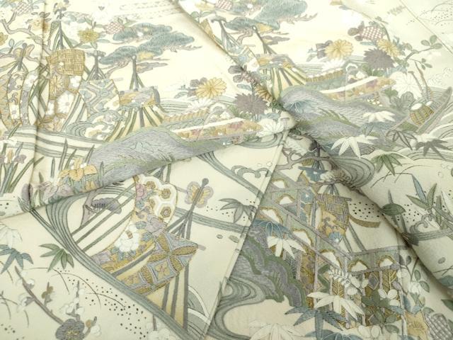 平和屋着物●中国三大刺繍　相良刺繍　訪問着　胴抜き仕立て　駒刺繍　千鳥　立波風景花文　金糸　正絹　逸品　DABG8432ps｜平和屋 35,490円