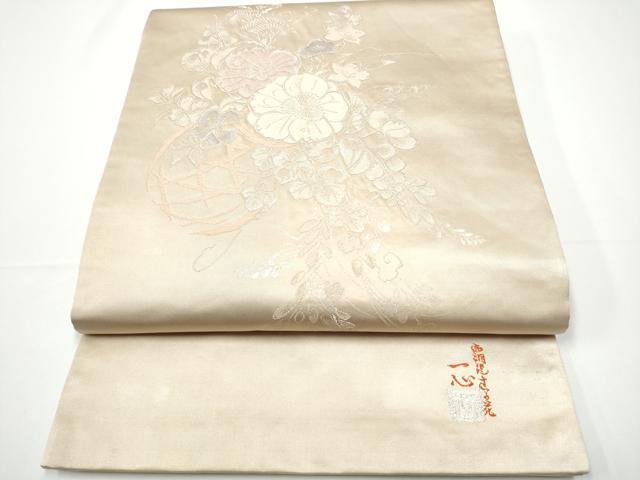 長閑やかさ屋御召しもの●西洞院辻が花 大脇一心不乱 膜鳴楽器柄袋帯 銀糸 正絹 珠玉 CABE0170hy