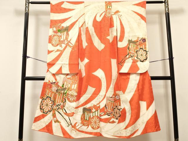 平和屋着物[]七五三　女の子　７歳　祝着　四つ身　駒刺繍　束ね熨斗御所車花文　金彩　逸品　DABC5198ma｜平和屋