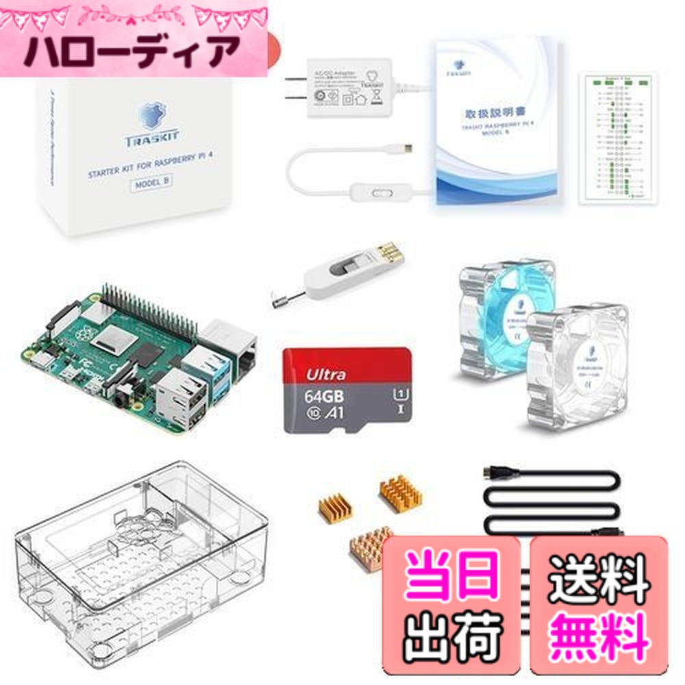 【貨物輸送無料】TRASKIT Raspberry Pi 4 Model B Starter Kit/ラズベリーパリア犬4B（4GB ランダムアクセス記憶装置）技適見澄ます付/MicroSDHC歌留多64GB NOOBSプリインストール/飾り気の無いに取り付ける入れもの/5.1V/3A Type-C 取り替えっこ付ワット数/2つのMicroHDMI-to-HDMI有線テレビ生産ライン/ヒートシンクと澄み切った冷やかす愛好者