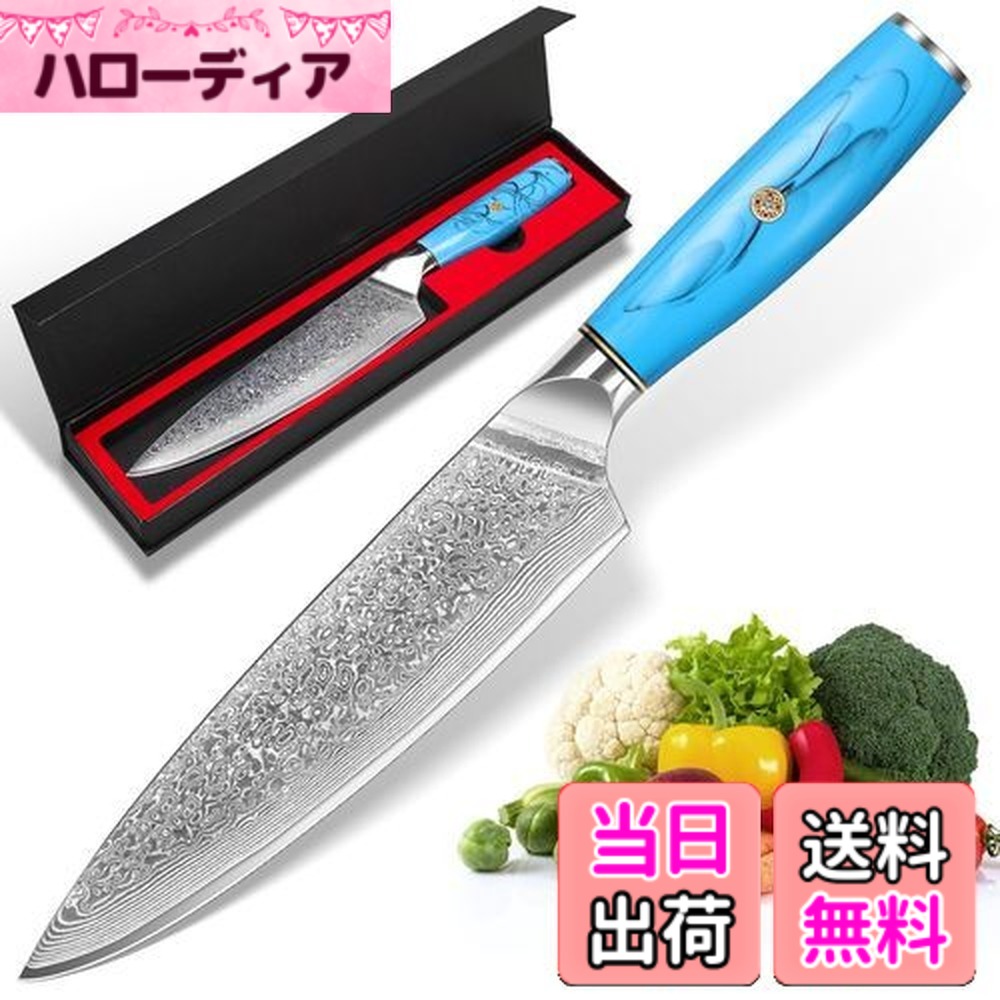 【送料無料】KyushuBlade 包丁 牛刀包丁 ダマスカス包丁 刃渡り195mm. プロ用シェフナイフ 洋包丁, キッチン用万能包丁. 手打ち鍛造ダマスカス模様 三徳包丁 両刃包丁 左利き用. 錆びにくい67層の高炭素ステンレス鋼 料理包丁. 人間工学に基づいたブルー・ターコイズのハンド|ハローディア店