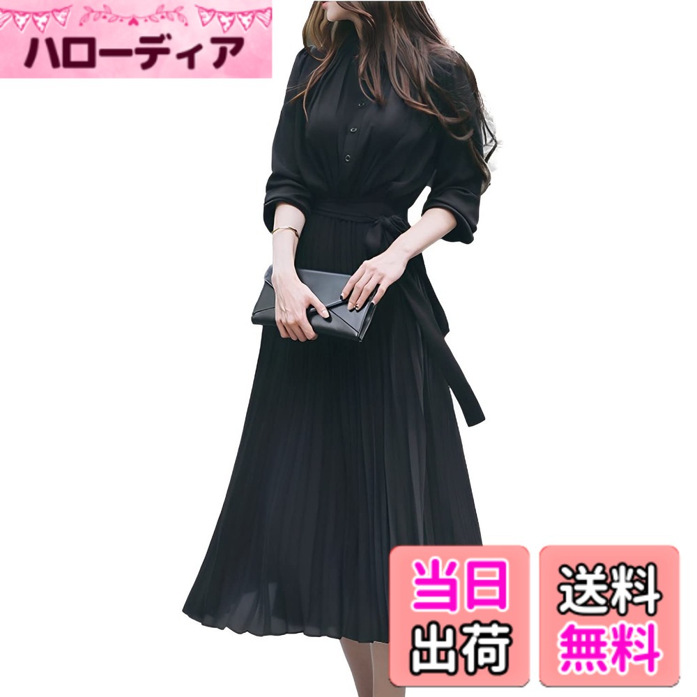 【送料無料】[Four leaf] 上品 プリーツ ロング ワンピース レディース 長袖 春 秋 きれいめ ハイウエスト ドレス ロングワンピ フォーマル セミフォーマル リボン ロング丈 春物 大きいサイズ 色：ブラック、サイズ：S