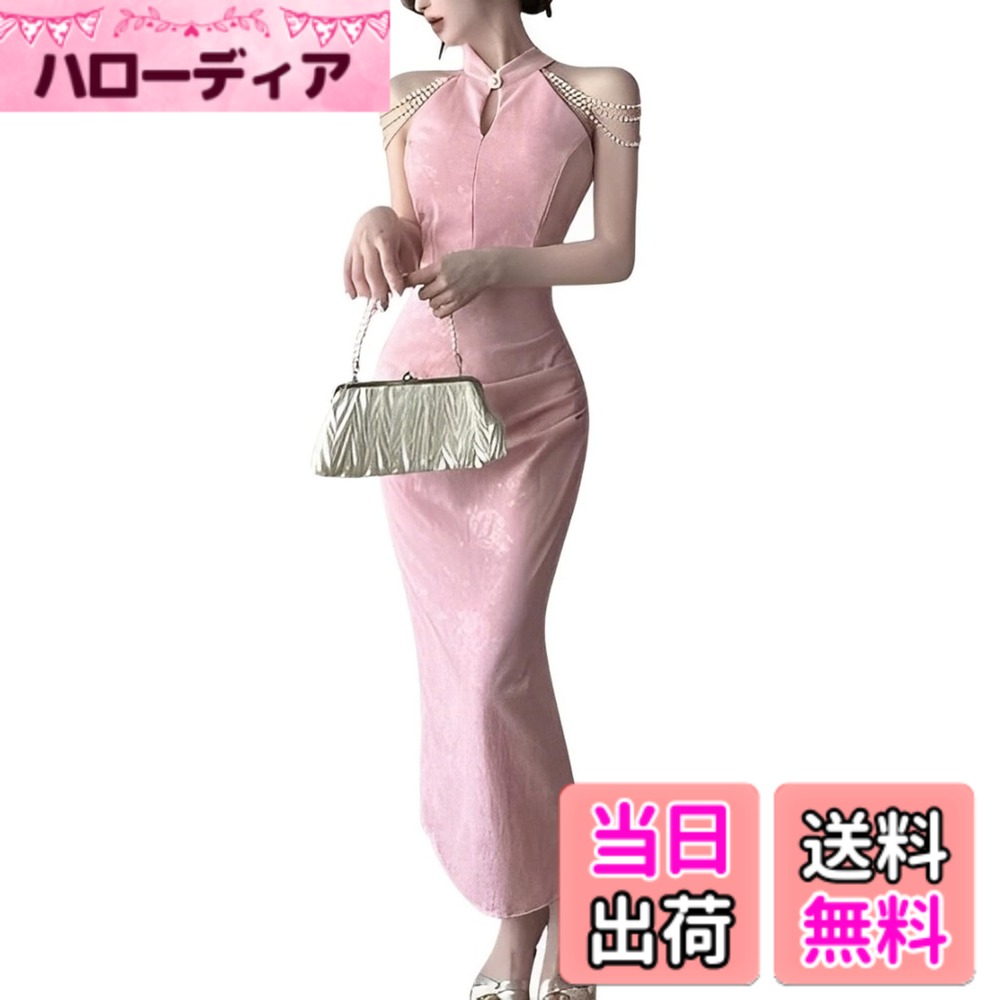 【送料無料】[トーアソーア] ロング ワンピース レディース タイト アメリカンスリーブ ドレス ラメ 3連 パール 色：ピンク 花柄、サイズ：L