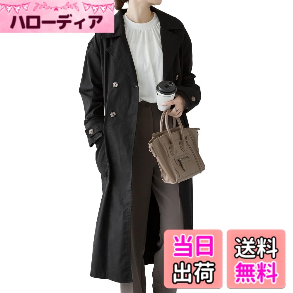 【貨物輸送無料】[atONE] [アットワン] ツイル トレンチコート スプリングコート 春厚地の外套 レディース 馬鹿でかい大きさ ベージュ カーキ 黒いこと トレンチ ライトアウター 羽織 厚地の外套 春 秋 冬 ladies m l ll 3l 4l 5l 色：黒いこと、大きさ：M-L