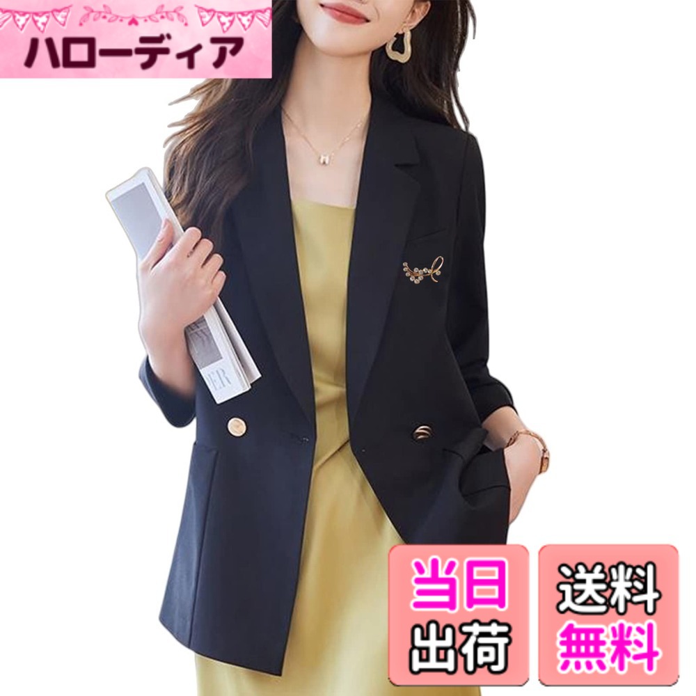 【送料無料】[AUSKY] 上質 レディース ジャケット Vネック スーツ ブローチ付き ロング 七分袖 ボタン留め ポケット ショルダーパッド 着せ 無地 シンプル 大人 通勤 フォーマル 普段着 ビジネス 面接 春 夏 秋 OL 色：ブラック、サイズ：M