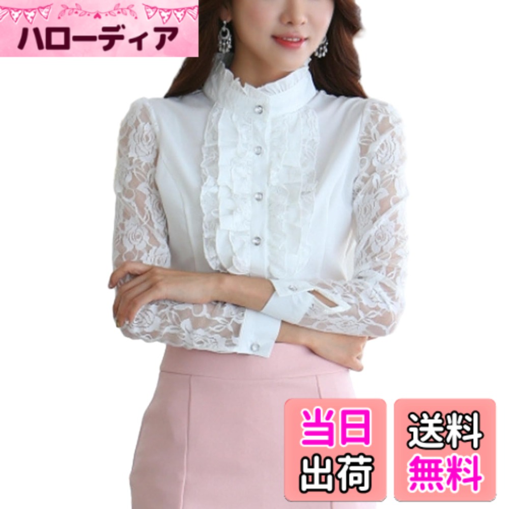 【送料無料】[ORWZDCO] レース シャツ トップス ブラウス レディース 長袖 透かし 立ち襟 フリル 前開き 着痩せ 無地 レトロ フォーマル オフィス 通勤 春 秋 色：ホワイト、サイズ：XL