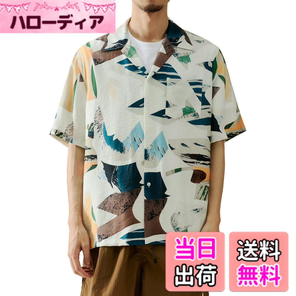 【送料無料】[CHANGE WELL] メンズ 2024 SS ファッション 夏服 【抽象柄スタイル プリント】 カジュアル 半袖 開襟 総柄 アブストラクト柄 アロハシャツ 色：ホワイト、サイズ：XL