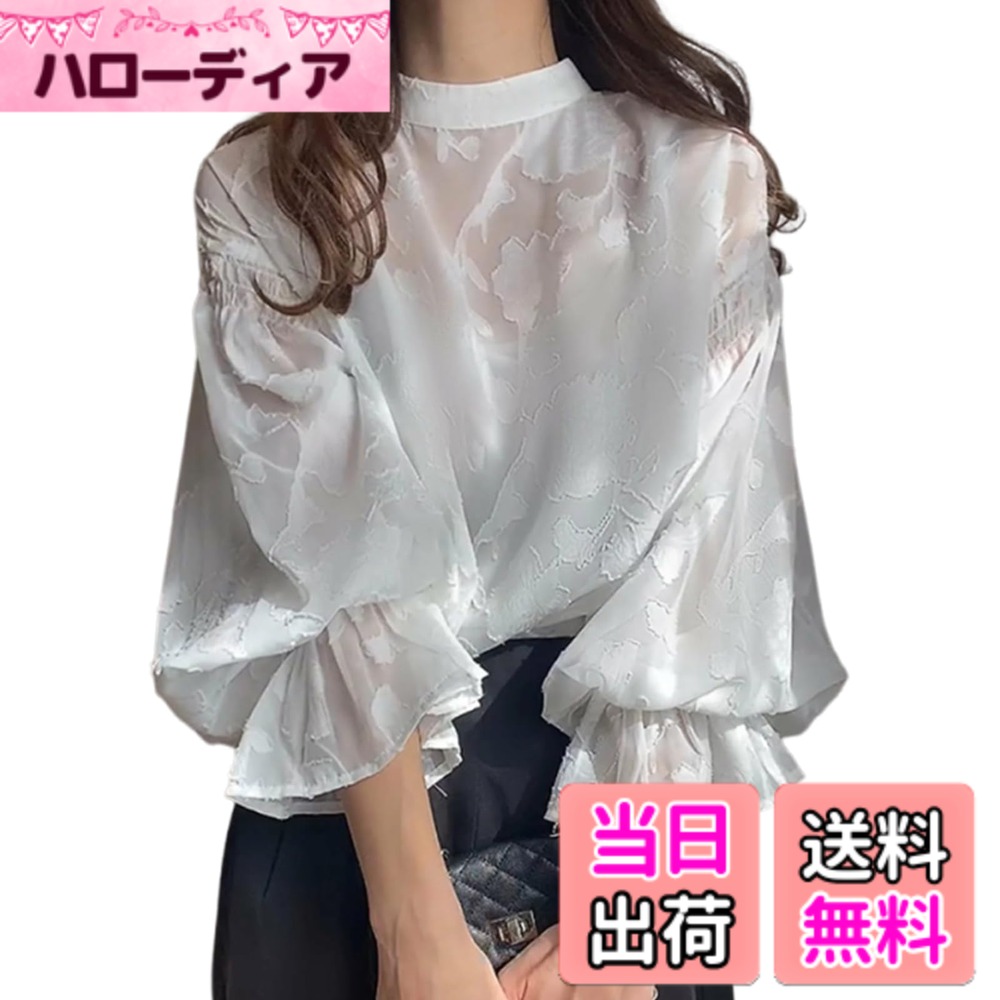 【送料無料】[7-livehouse] ブラウス レディース 長袖 シャツ シースルー トップス レース チュール 前開き 花柄 刺繍 立ち襟 ランタンスリーブ おしゃれ 前後2WAY ゆったり デート オフィス 春 夏 秋 冬 色：ホワイト、サイズ：Free Size
