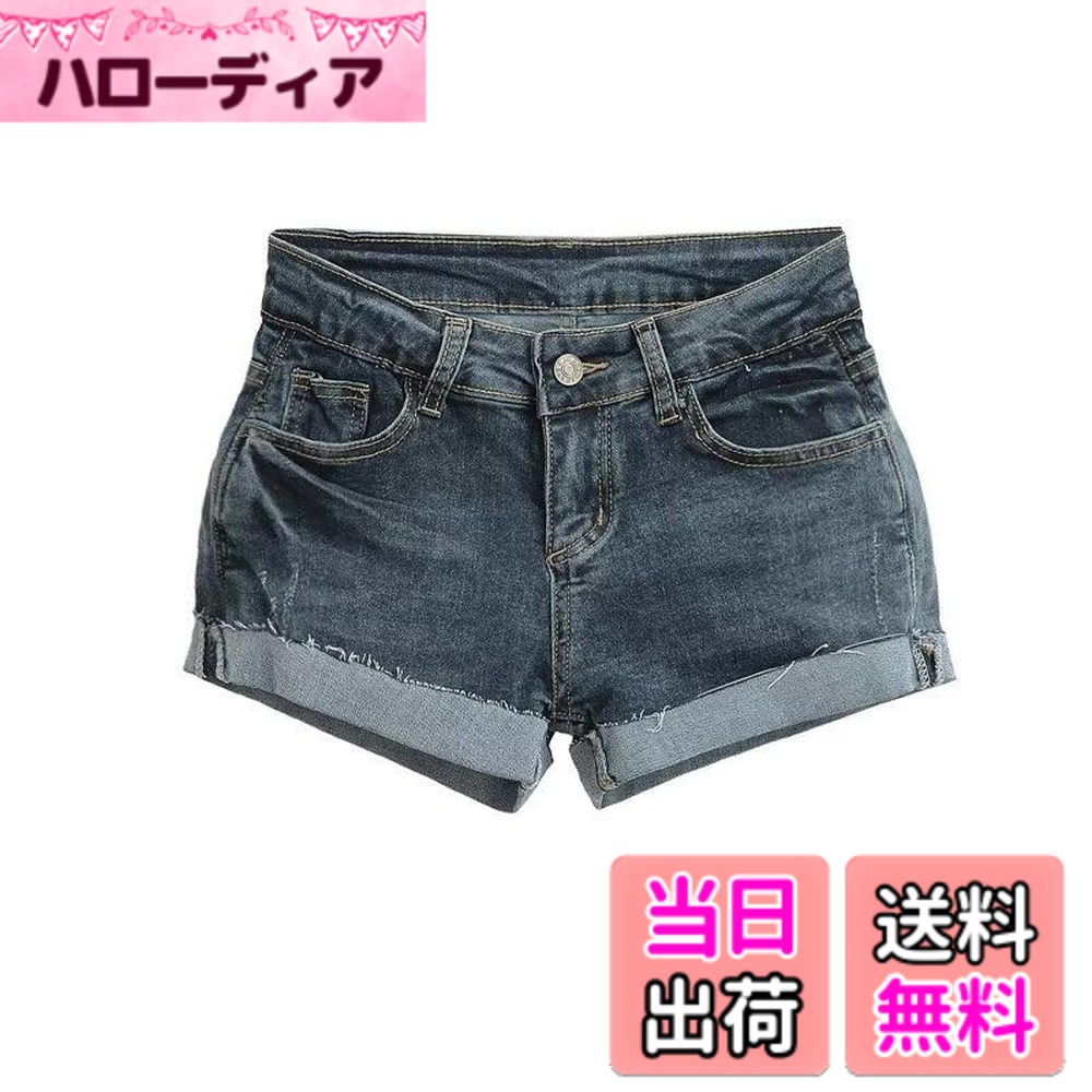 【送料無料】mini 人気 デニムショートパンツ ミニパンツ ロールアップ タイト ハーフパンツ ホットパンツ 折裾 ジーンズ ポケット デニム ハイウエスト スリムフィット 無地 ZSY065 色：ブルー、サイズ：L