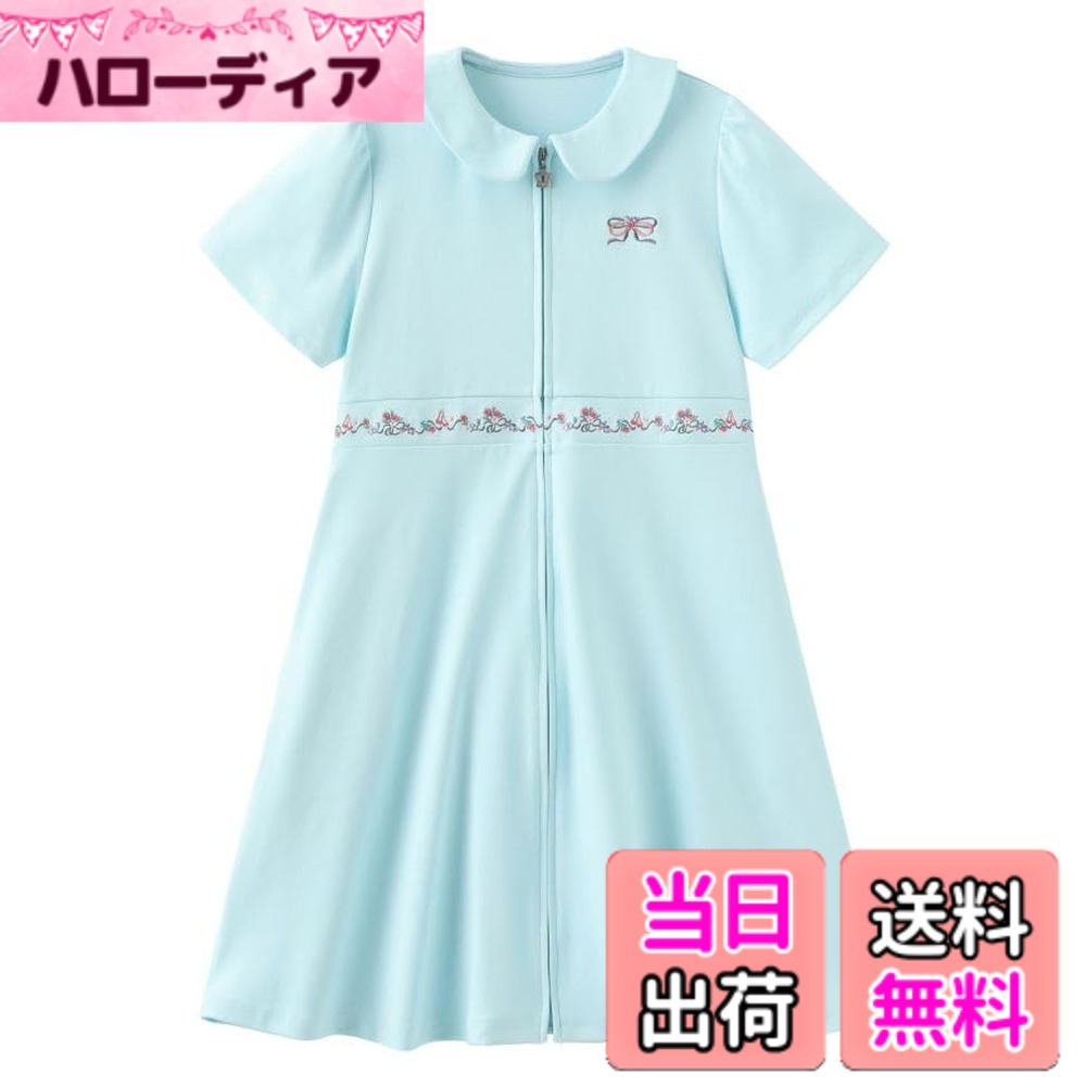 【送料無料】[FairyMary] フェアリーマーリー 子供 キッズ ジュニア 半袖 ジップアップ 前開き ワンピース ベルト刺繍 バレエ レッスン着 パーカーワンピース 110 120 130 140 色：グリーン、サイズ：130