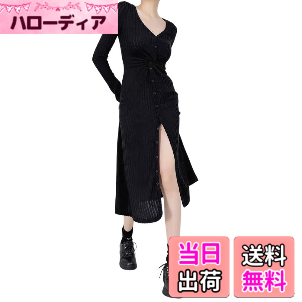【送料無料】[Hanmall] ニットワンピース スリット Vネック レディース 無地 ワンピース ロングワンピース きれいめ 長袖 カジュアル 春秋冬 LON532 色：ブラック、サイズ：S