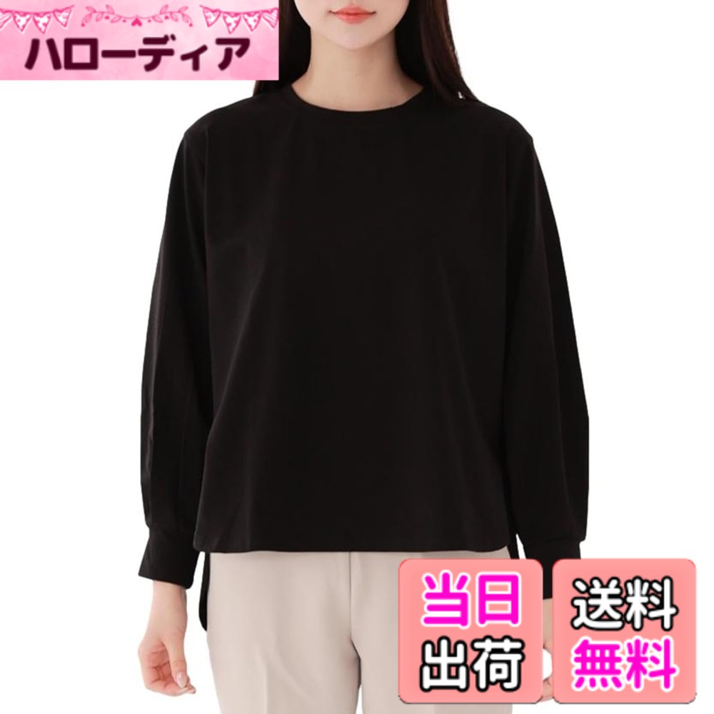 【送料無料】[スリーピング シープ] 選べる2タイプ ブラウスのようなTシャツ ストレッチコットン 長袖 後ろドレープ レディース ロング Tブラウス シャツワンピース 色：ブラック(ショート丈)、サイズ：M