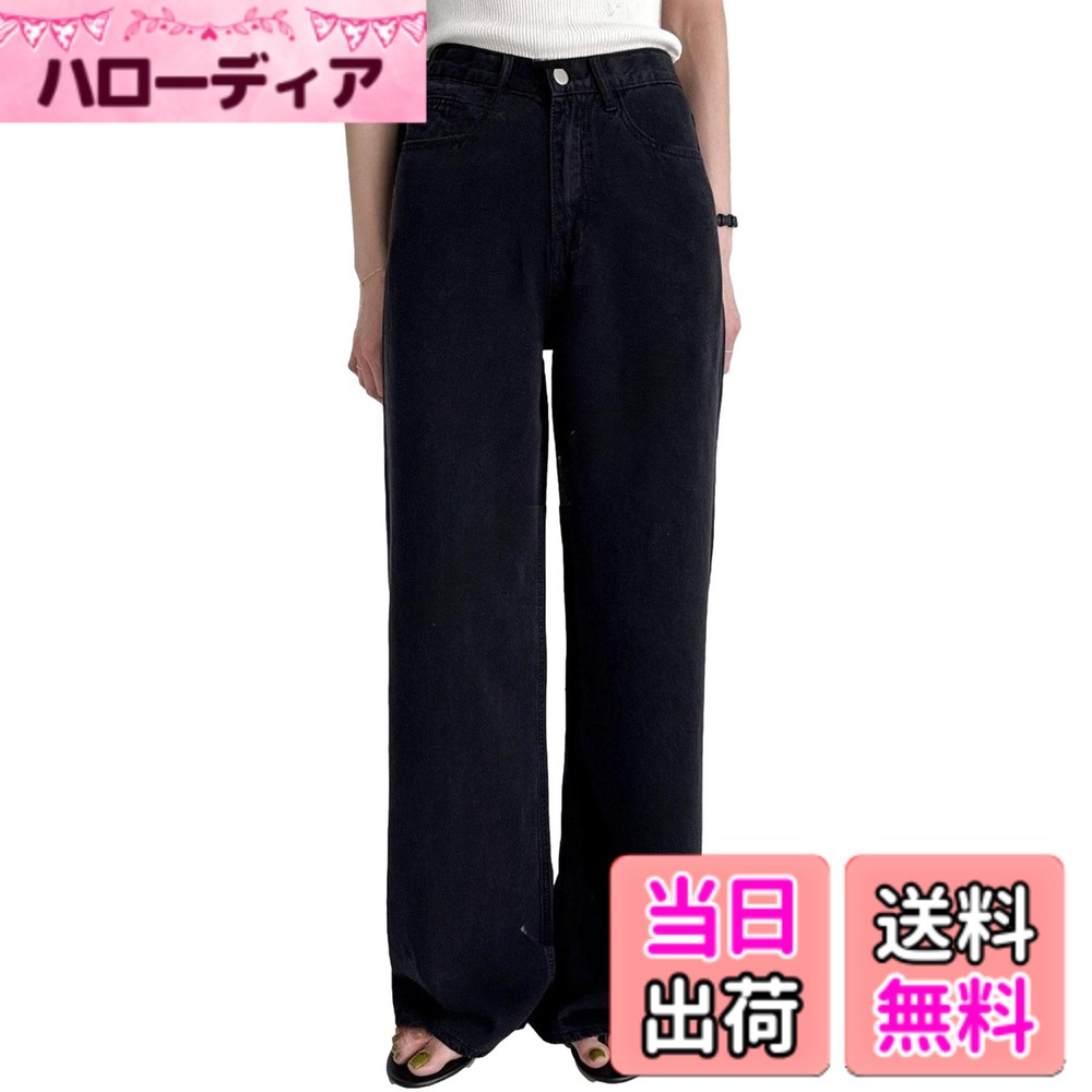 【送料無料】[スリーピング シープ] 夏に最適 冷感 ワイド デニム パンツ テンセル ジーンズ さらっと 薄手 やわらか素材 レディース 色：ブラック、サイズ：M