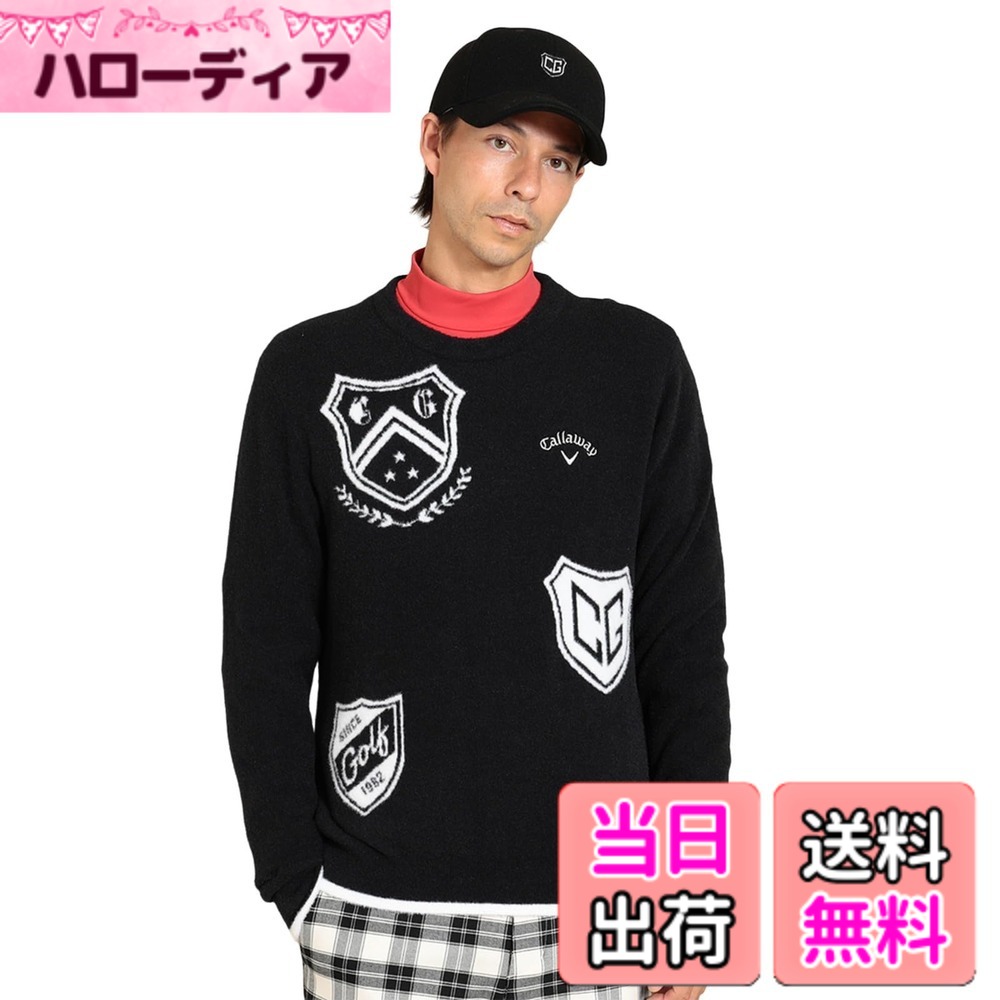 【貨物輸送無料】Callaway(キャロウェイ) メンズ クルーネックニット(エンブレムジャガード) / スウェーター ゴルフ / C23218105メンズ 色：1010_黒いこと、大きさ：L