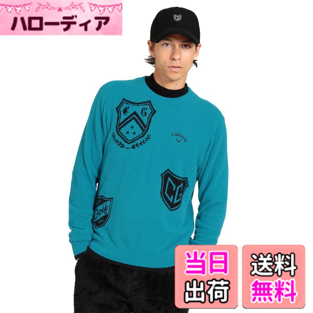 【貨物輸送無料】Callaway(キャロウェイ) メンズ クルーネックニット(エンブレムジャガード) / スウェーター ゴルフ / C23218105メンズ 色：1111_青み、大きさ：LL