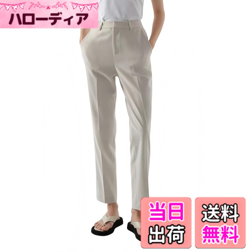 【送料無料】[SPRING SEAON] レディース 極細糸 クロップド ロングパンツ ストレッチ スリムフィットパンツ スキニー スラックス ウエストゴム オフィス カジュアル 美脚 美尻 細見え レギパンおしゃれ 通勤 OL 色：グレージュ、サイズ：M