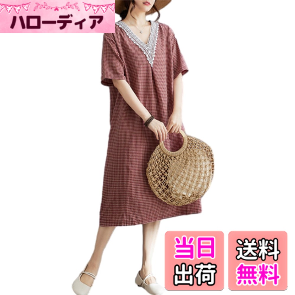 【送料無料】[RoyzTocz] レディース ロングワンピース 半袖 ドレス vネック レース切り替え 綿麻 シャツ ワンピース レトロ チェック柄 ワンピース Aライン カジュアル ファッション 薄手 きれいめ マキシ丈 体型カバー 着痩せ 普段着 通勤 春夏 色：レッド、サイズ：XL