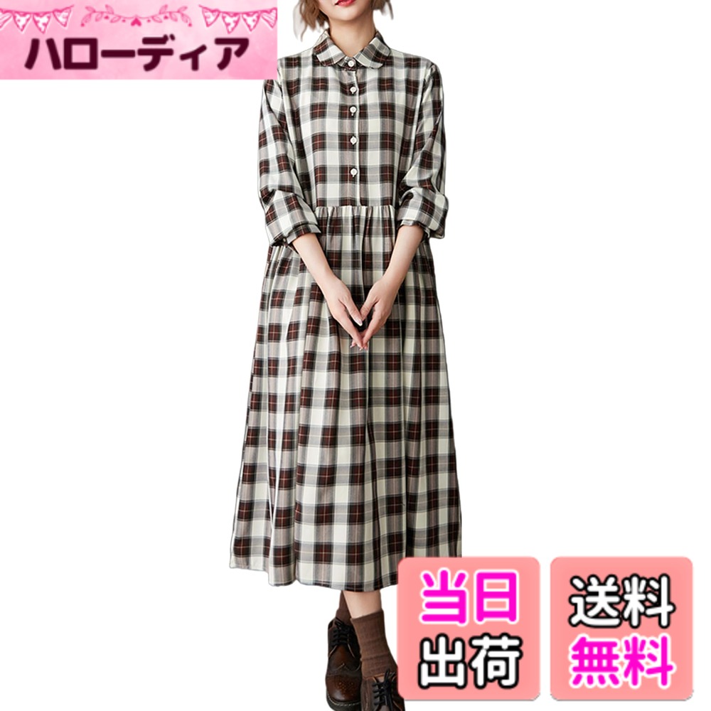【送料無料】[Merelop Ceto] ワンピース レディース 長袖 チェック柄 ロングワンピース Aライン ポケットあり 秋服 ゆったり 体型カバー 着痩せ 可愛い 韓国 カジュアル 日常 旅行 秋 色：ブラック、サイズ：XL