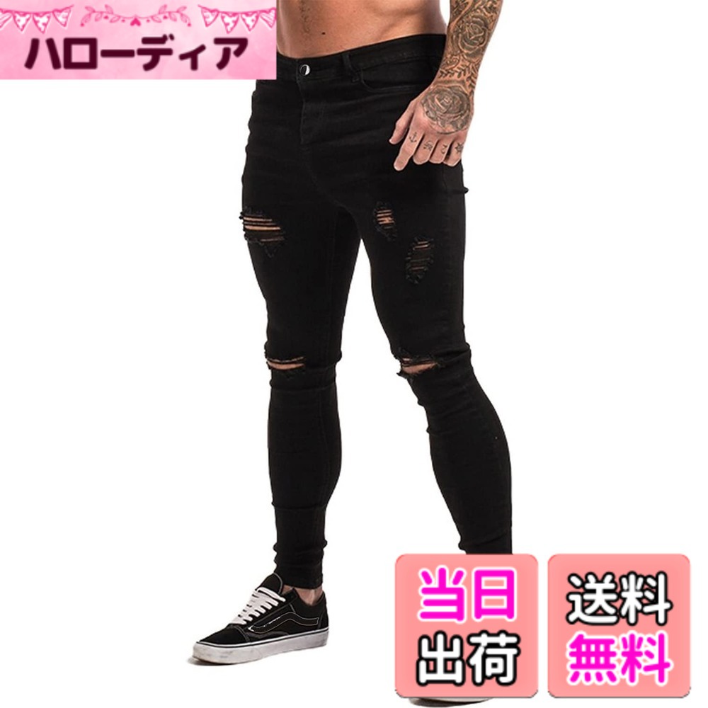 【送料無料】[GINGTTO] ジンット ダメージジーンズ メンズ すきにーぱんつ ストレッチ デニムパンツ 色：ブラック、サイズ：W30 / L30