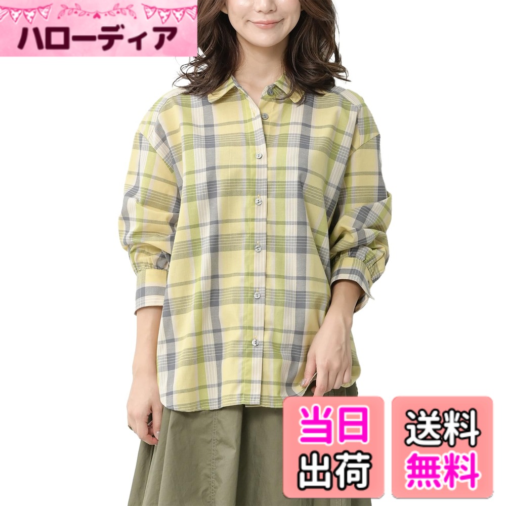 【送料無料】[JANJAM] 大きいサイズ レディース 麻混シャツ 長袖 前開きボタン あさリラ UVカット 速乾 トップス 色：格子中、サイズ：5L 6,740円