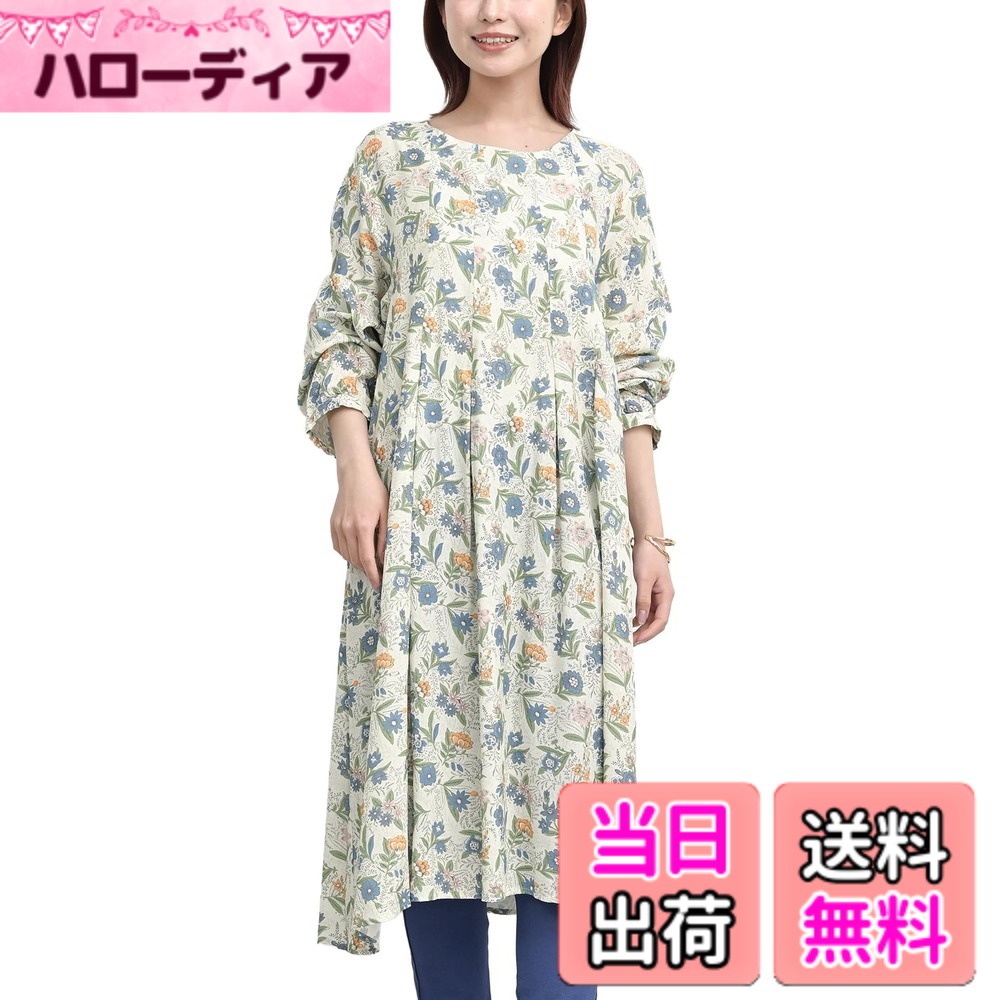 【貨物輸送無料】[JANJAM] 馬鹿でかい大きさ レディース 総柄プリントタックワンピース 長袖 ロング丈 花柄 A伝達ルート lesOLIVADES 色：象牙色、大きさ：3L