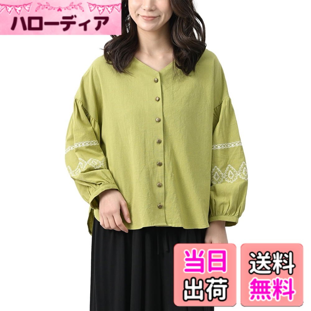 【貨物輸送無料】[JANJAM] 大層らしい大きさ レディース 袖刺しゅうギャザープルオーバー 長袖 前くい違い名取り草 lesOLIVADES cotton100 トップス 色：黄色緑であること、大きさ：3L