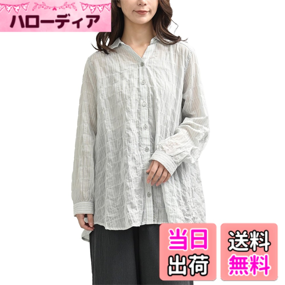 【送料無料】[JANJAM] 大きいサイズ レディース 襟付きスキッパーシャツ 長袖 バックテール シアーシャツ トップス 色：ライトグリーン、サイズ：LL 6,212円