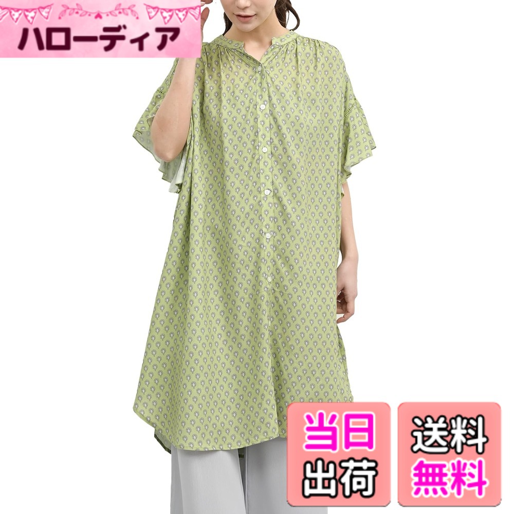 【送料無料】[JANJAM] 大きいサイズ レディース 総柄ワンピース 半袖 ミドル丈 前開きボタン ハシゴレース 色：イエローグリーン、サイズ：4L 7,059円